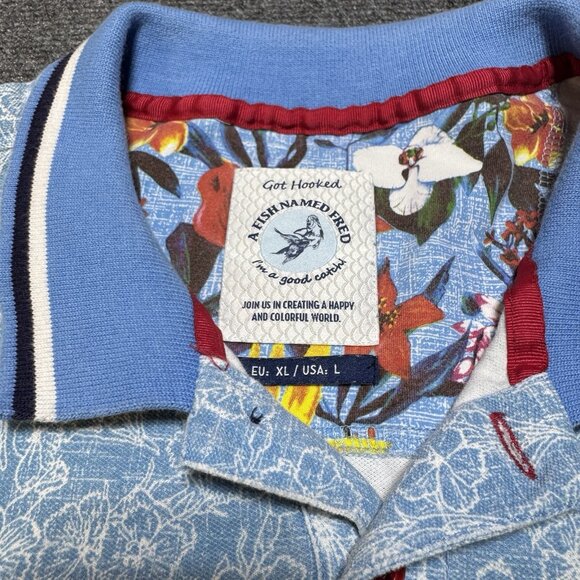 A Fish Named Fred Polo Shirt Men's L Floral AOP Print Hibiscus Resort Summer - Picture 4 of 7